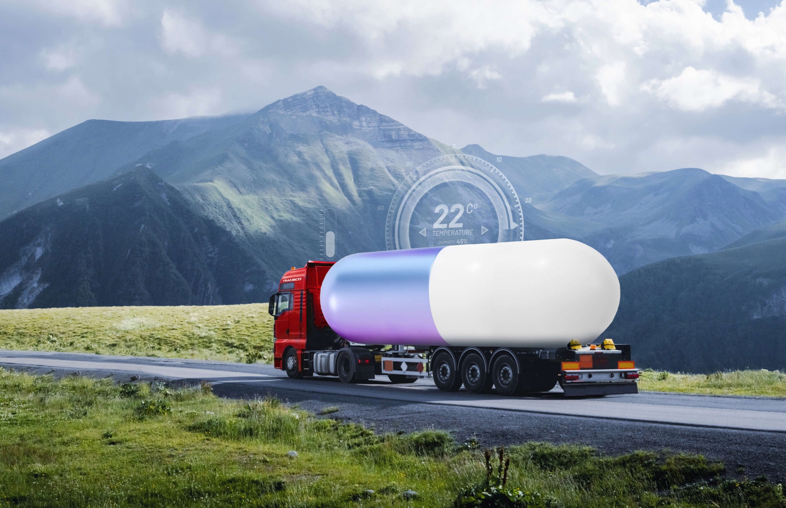KI-Ansicht eines Lkw mit Medikamenten Kapsel für Pharmatransport vor Bergpanorama